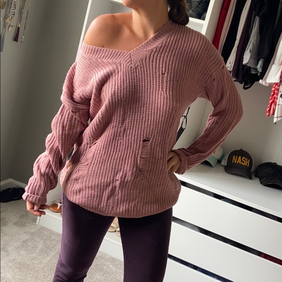 Distressed Oversized Sweater Mauve - Picture 4 of 7